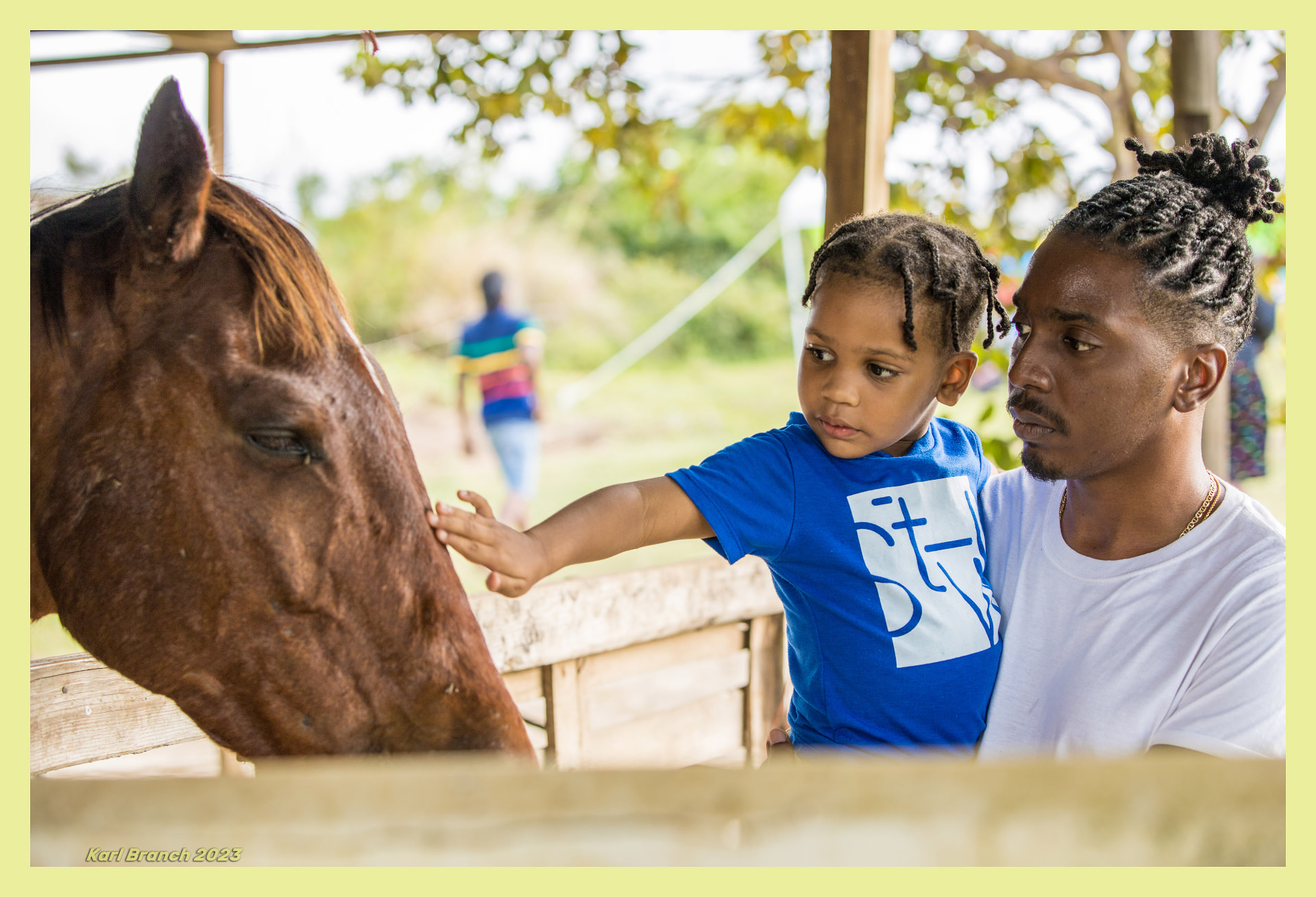 A father and son gently connecting with a horse in Barbados