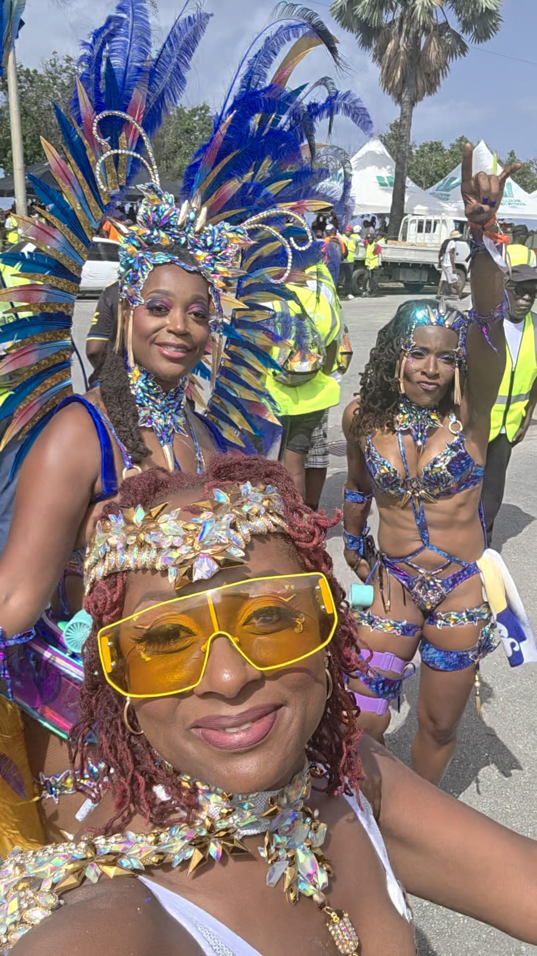 Masqueraders in feathered costumes on the road for Grand Kadooment