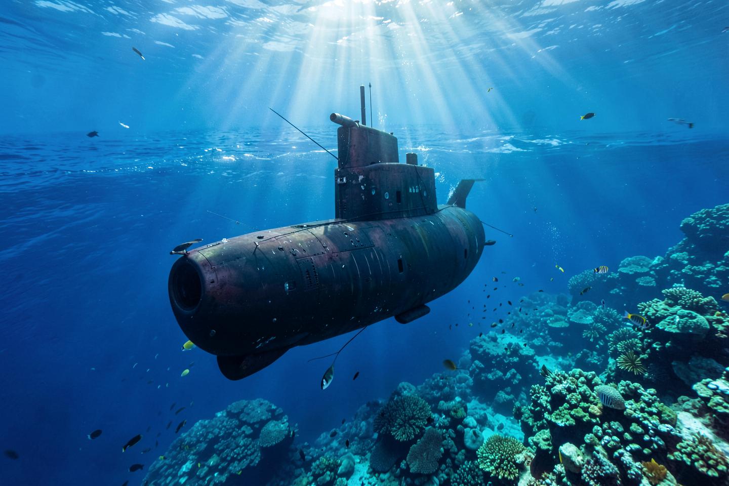 A passenger submarine exploring a coral reef beneath the Caribbean Sea