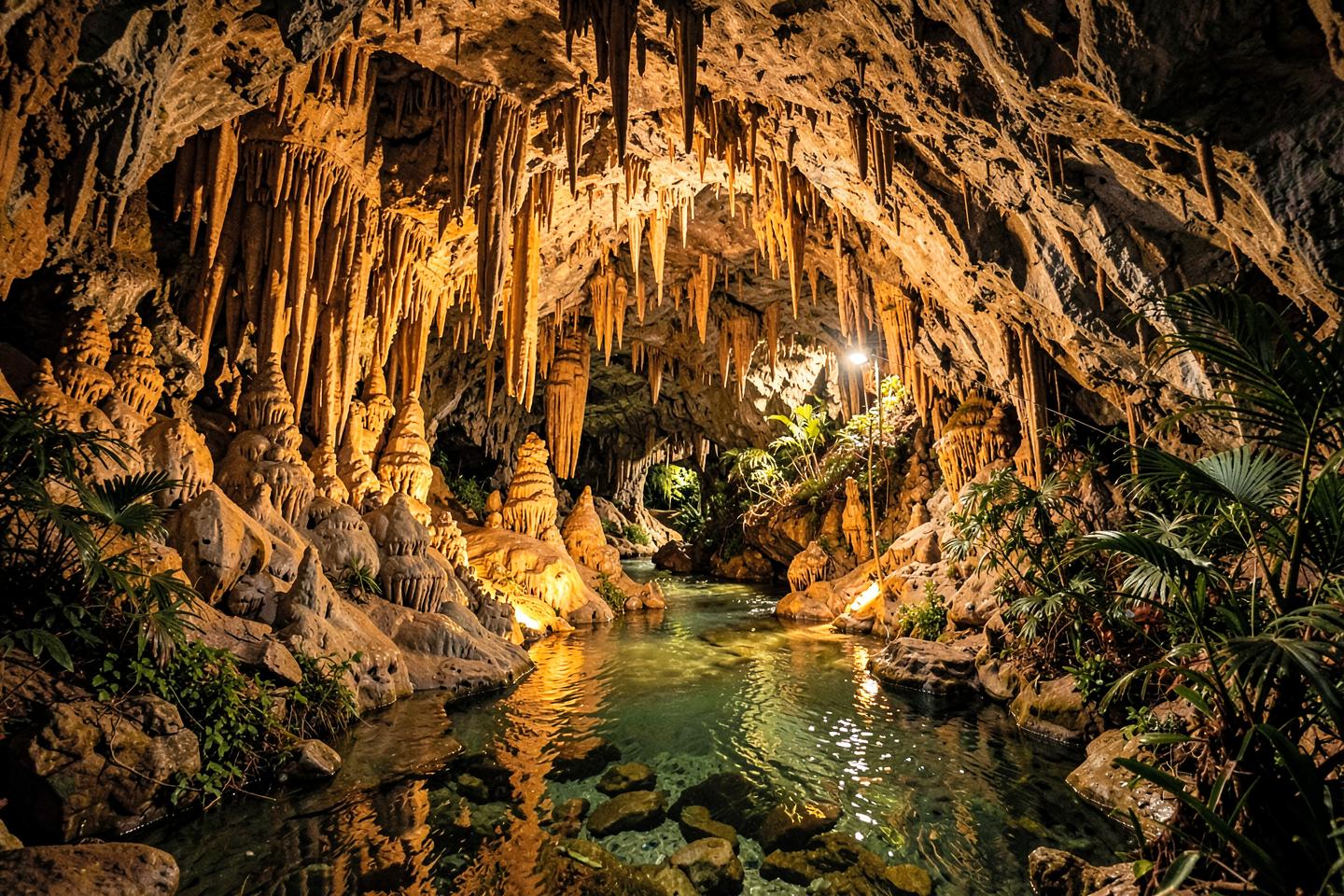 The limestone formations and underground stream inside Harrison’s Cave